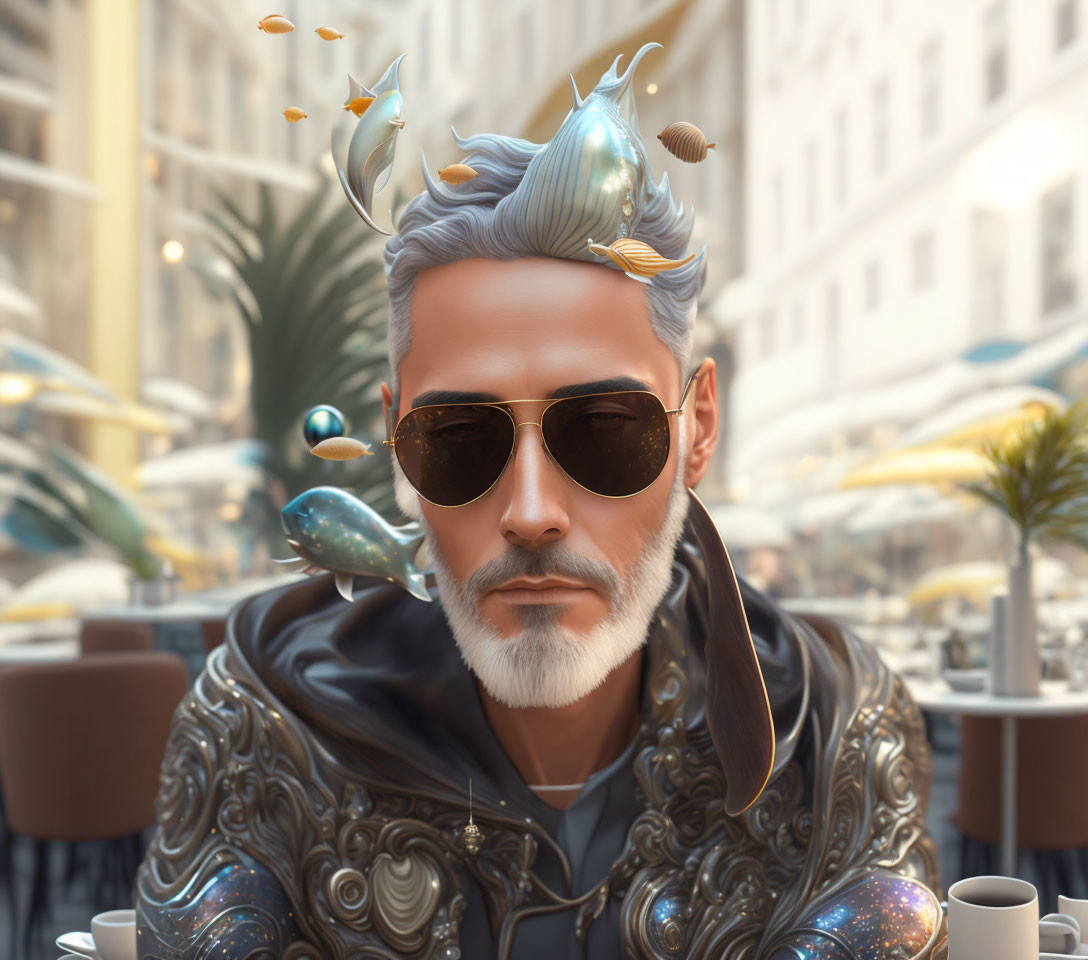 Silver-haired man in ornate jacket with fish swimming around him