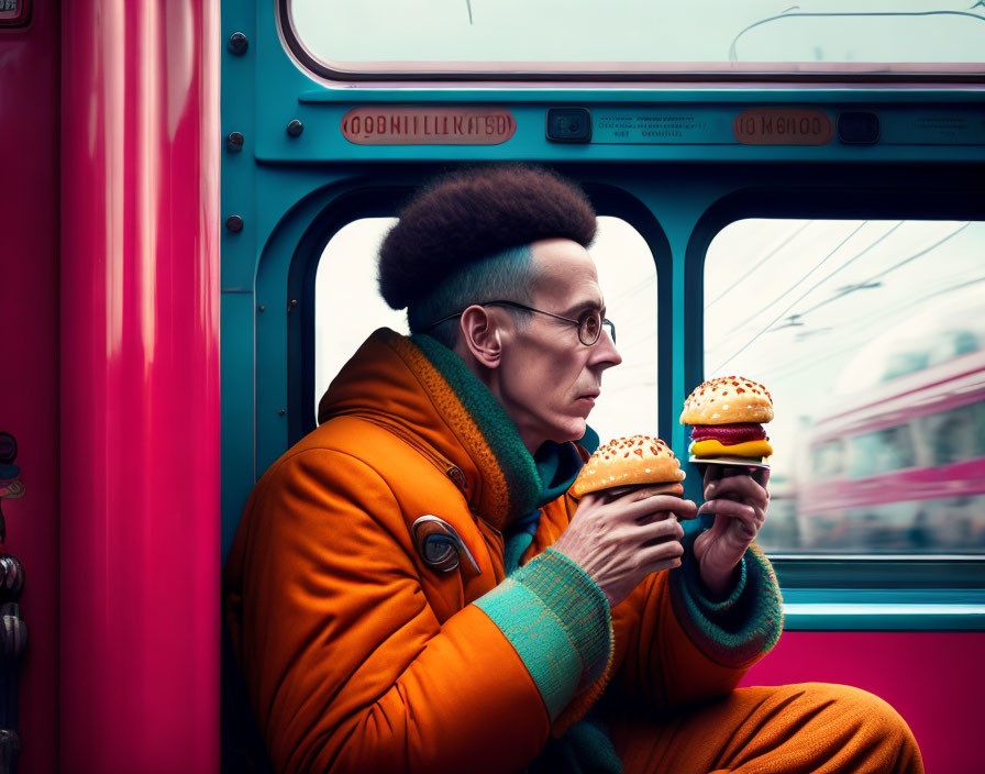 Person in Orange Outfit with Large Glasses Examining Stacked Burgers in Teal Train Car