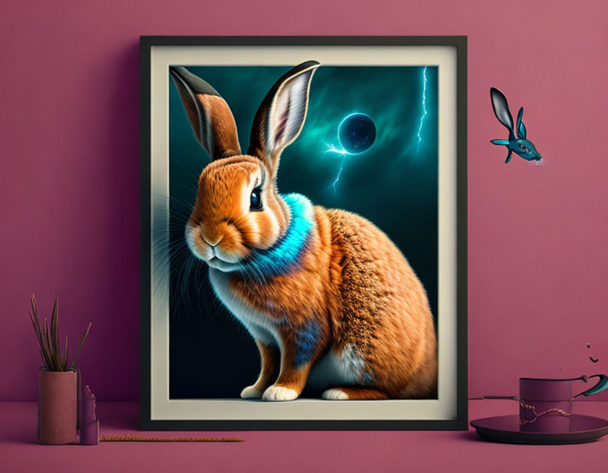 Realistic brown rabbit illustration with glowing blue accents on cosmic background.