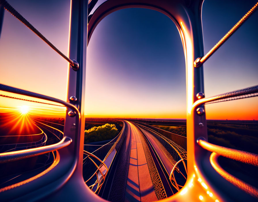 Metal railing frames sunset view over train track curve.