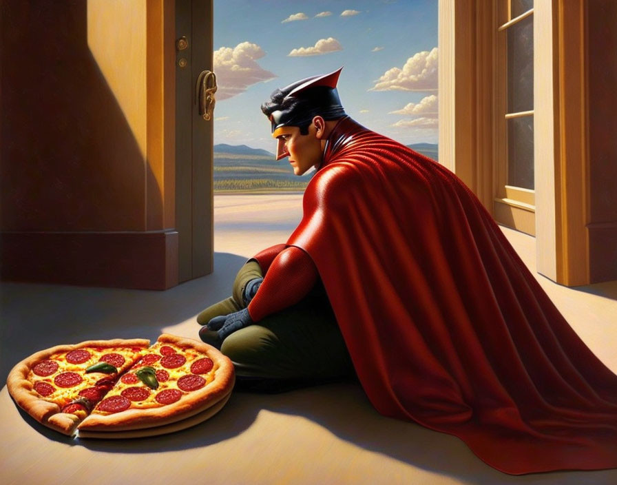 Superhero animated character with pizza and serene landscape scene