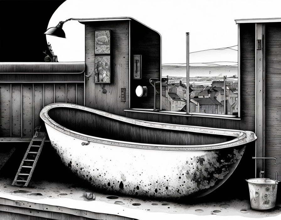 Monochromatic surreal illustration of bathtub on railway tracks