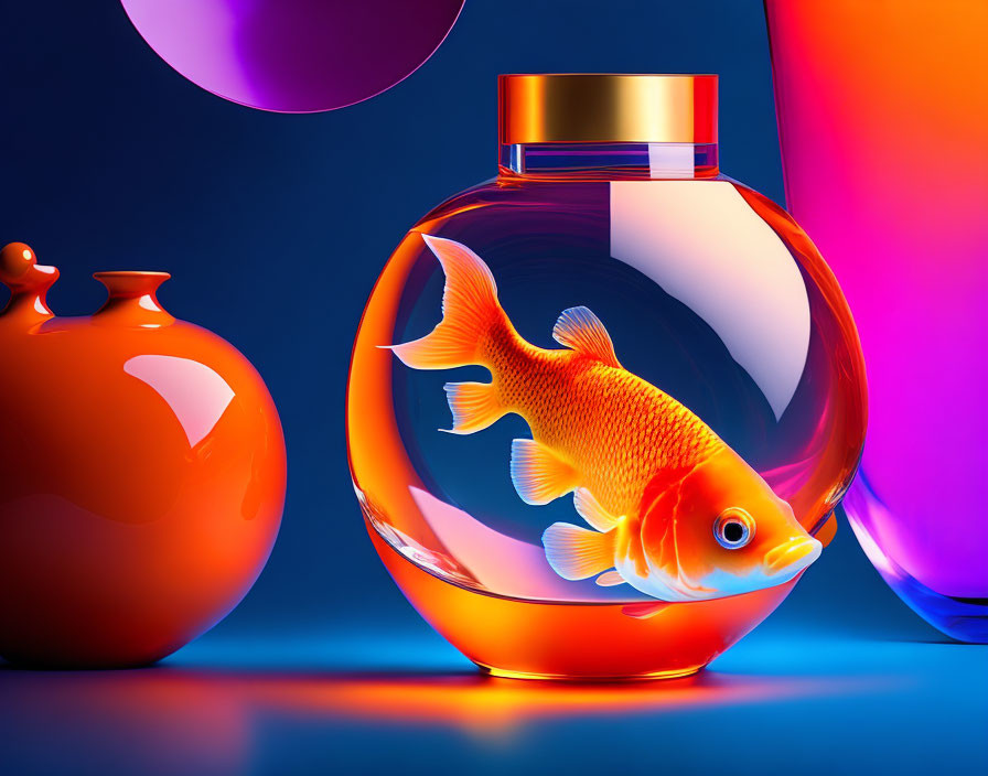 Colorful Goldfish in Spherical Bowl with Abstract Containers on Blue Background