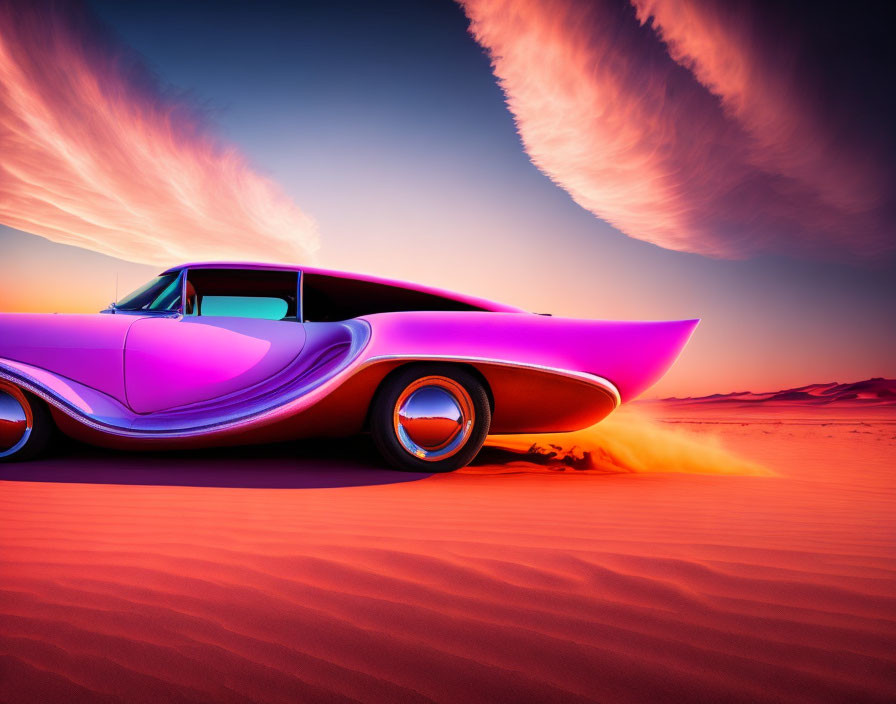 Purple classic car speeding in desert sunset