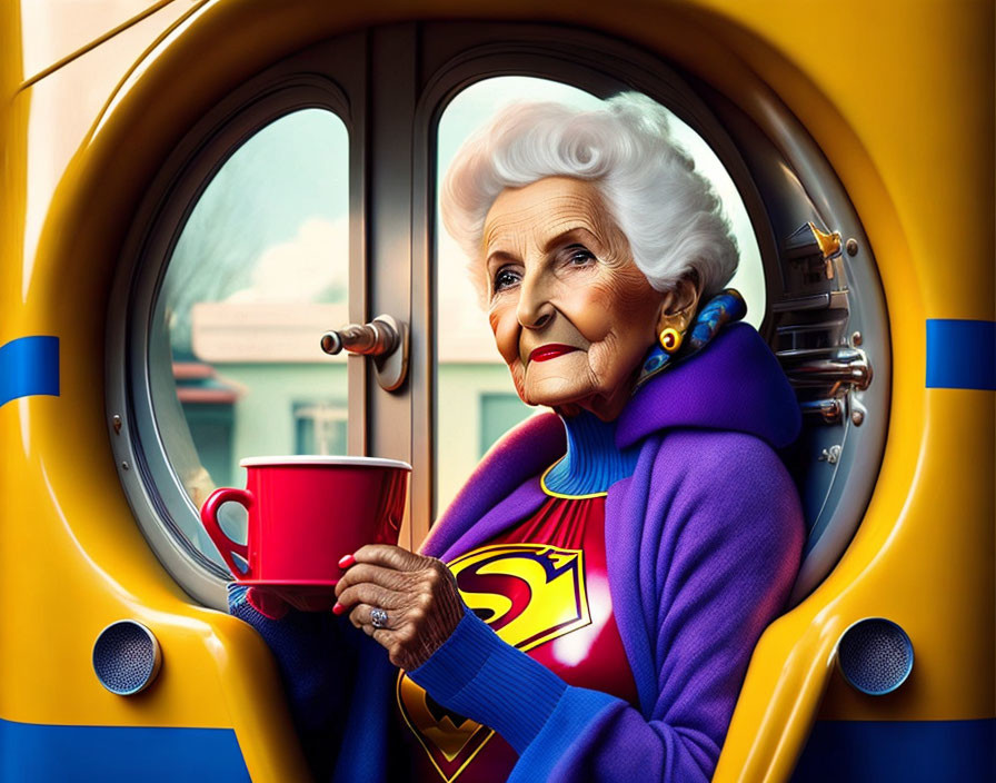 Elderly woman in Superman outfit with red mug by porthole