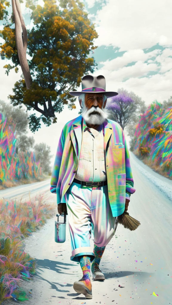 Colorful walrus-headed figure in vibrant suit on surreal rainbow path