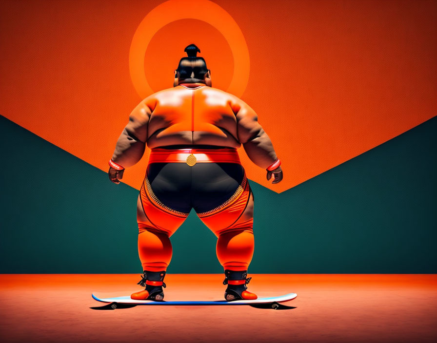 Sumo wrestler on skateboard with bold concentric circle design