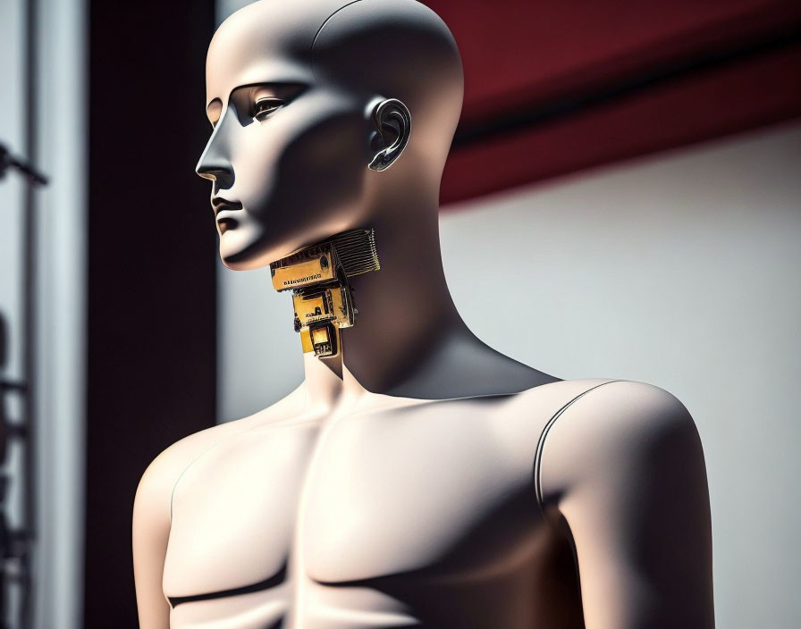 Mannequin head with exposed mechanical neck joint on blurred background