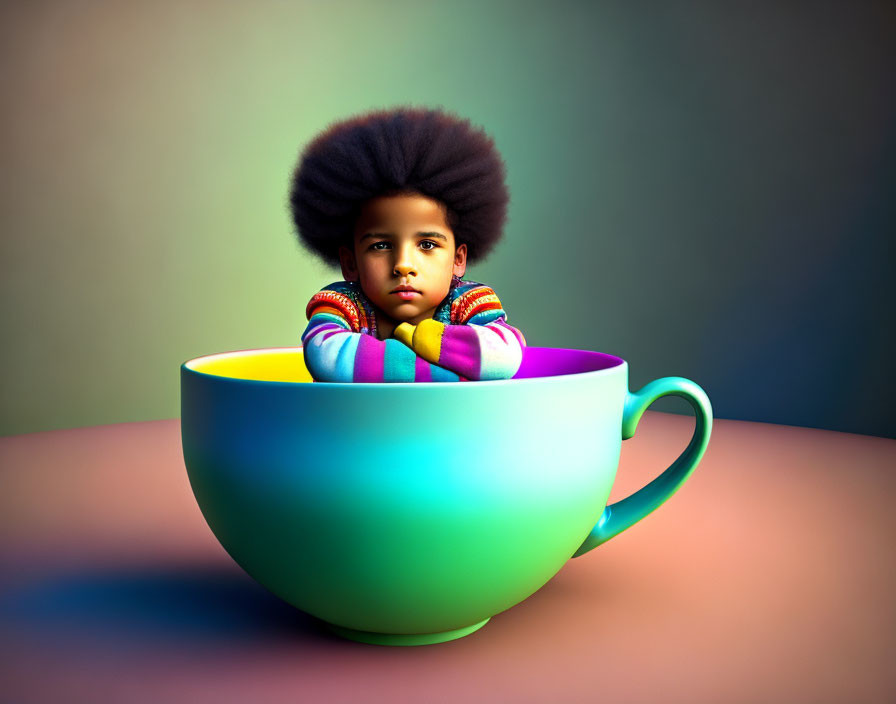 Child with Large Afro in Colorful Teacup, Striped Sweater, Thoughtful Expression