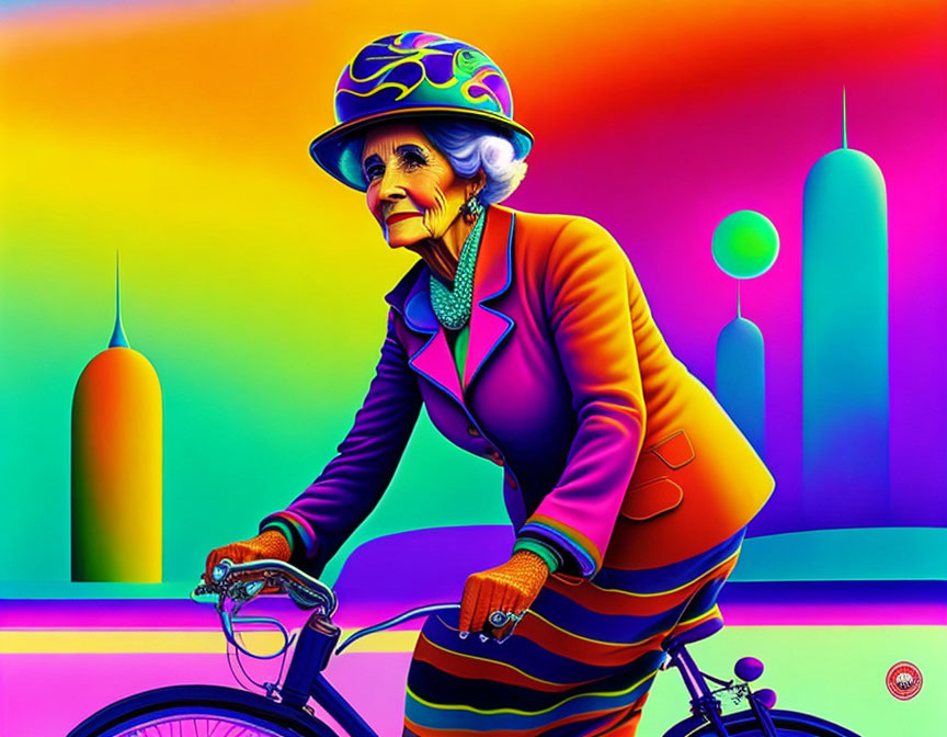 Colorfully dressed elderly woman biking in front of vibrant, psychedelic cityscape.