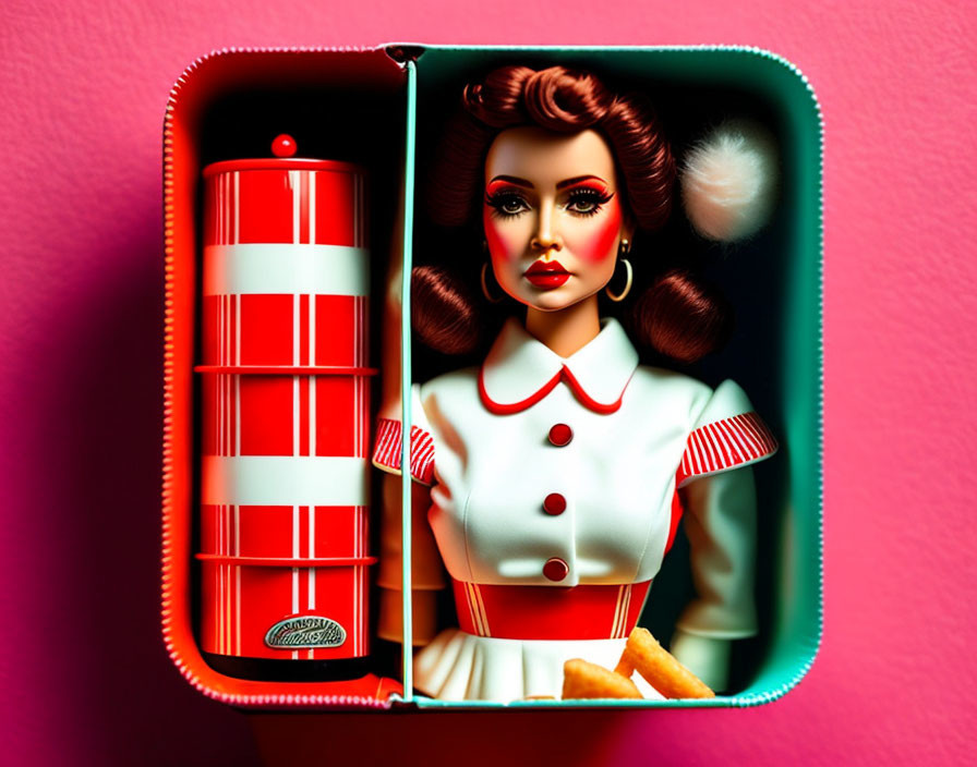 Vintage waitress figure in red-and-white uniform with beehive hairstyle in tin box with fries