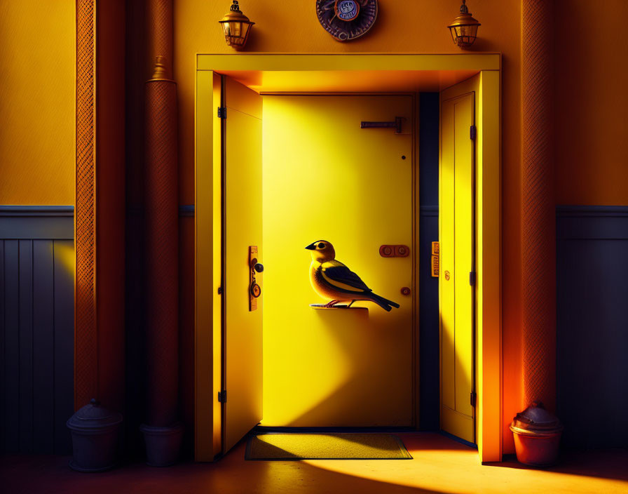 Vibrant yellow door ajar on warm orange wall with bird figurine