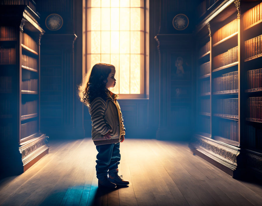 Child in sunlit library surrounded by towering bookshelves