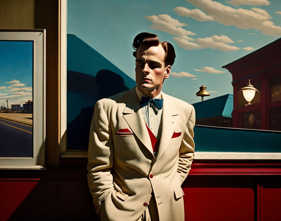 Stylized portrait of a man in vintage attire against retro Americana backdrop