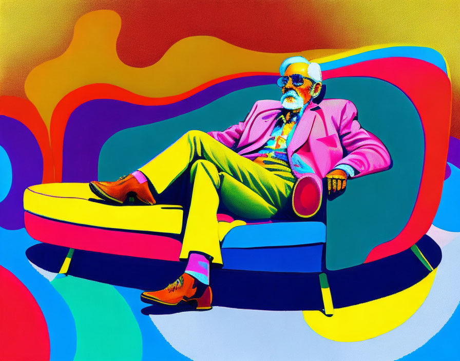 Bearded man in pink jacket on colorful couch