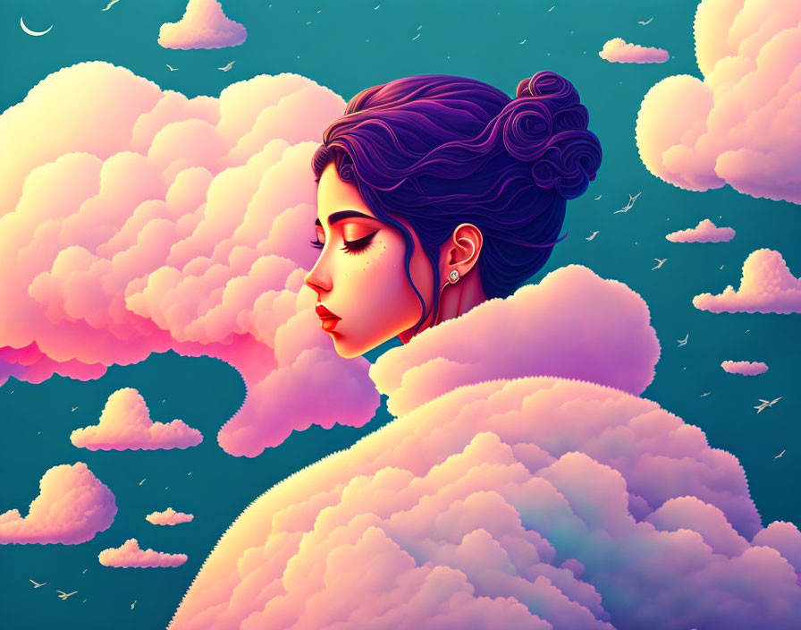 Surreal portrait of woman with purple hair in dreamy sky