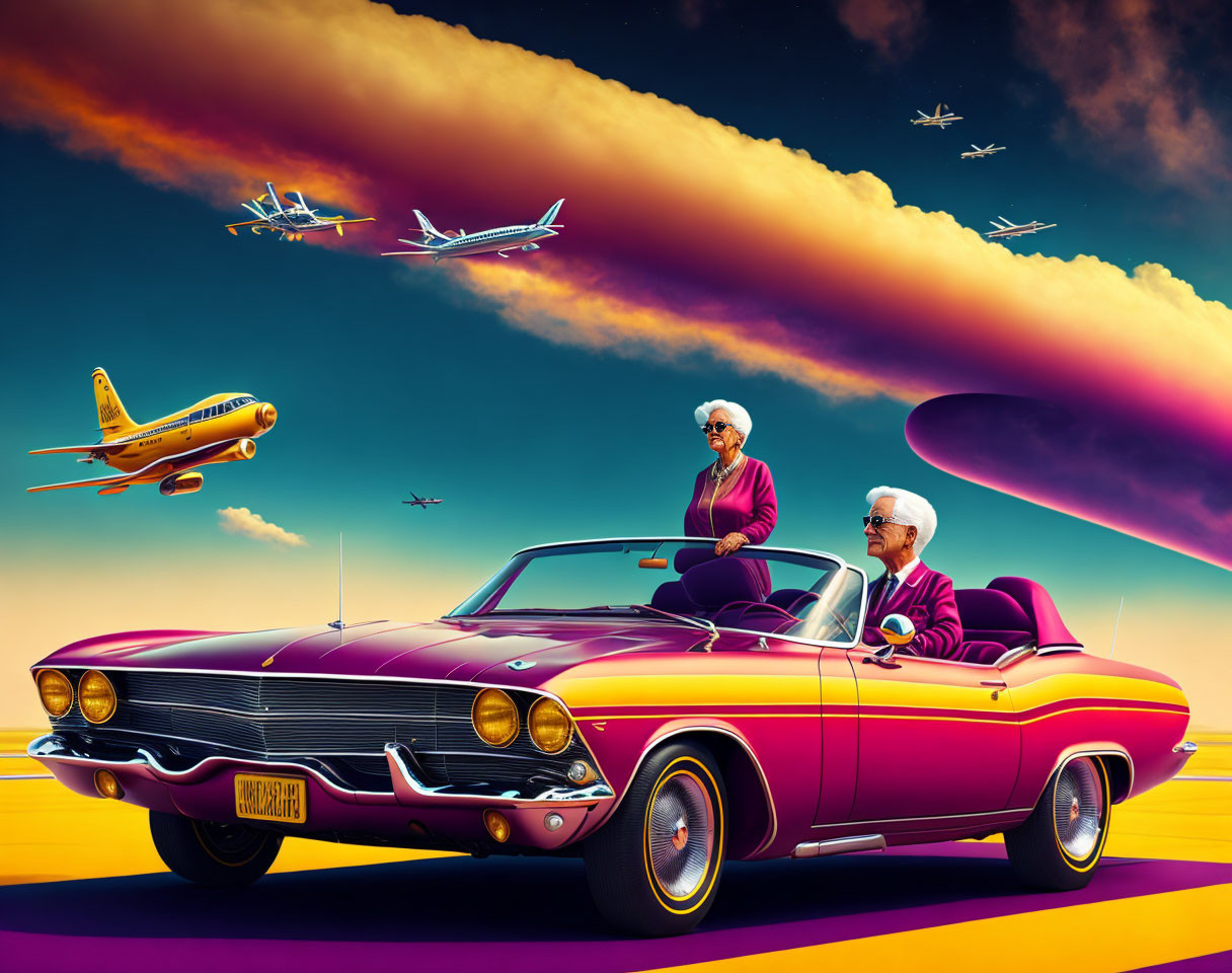 Elderly couple in stylish attire in purple convertible under vibrant sky.