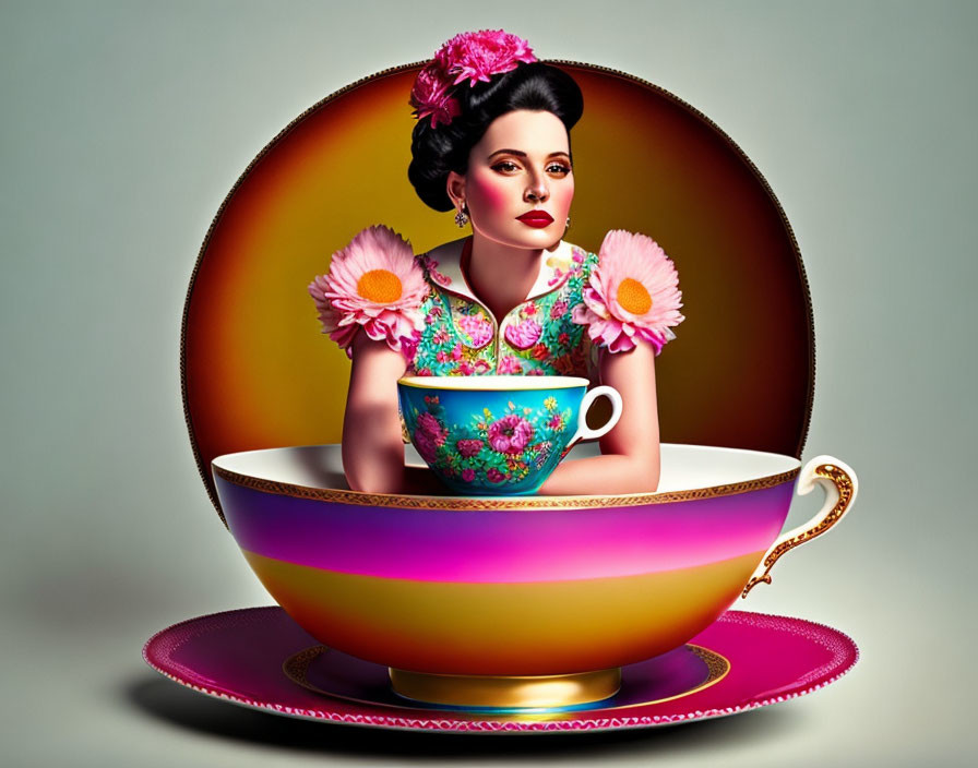 Woman with Flowers in Hair Sitting in Colorful Teacup and Saucer