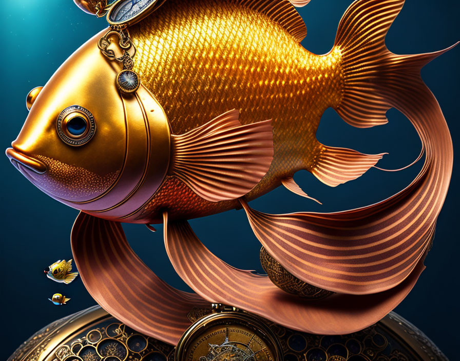 Gold Mechanical Fish with Gears and Pocket Watch in Surreal Underwater Scene