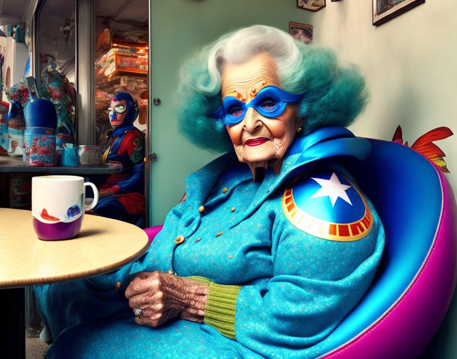 Elderly woman with blue hair and superhero cape at table with masked figure.