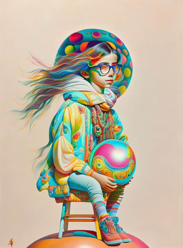 Colorful digital artwork of a girl with flowing hair, sitting on a ball, wearing patterned clothes