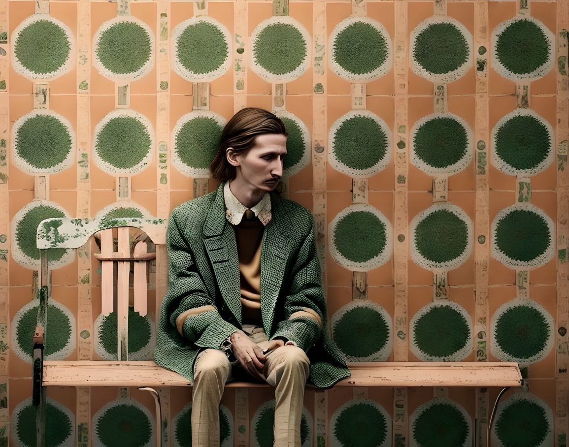 Person in Green Patterned Outfit Blends with Wallpaper on Bench