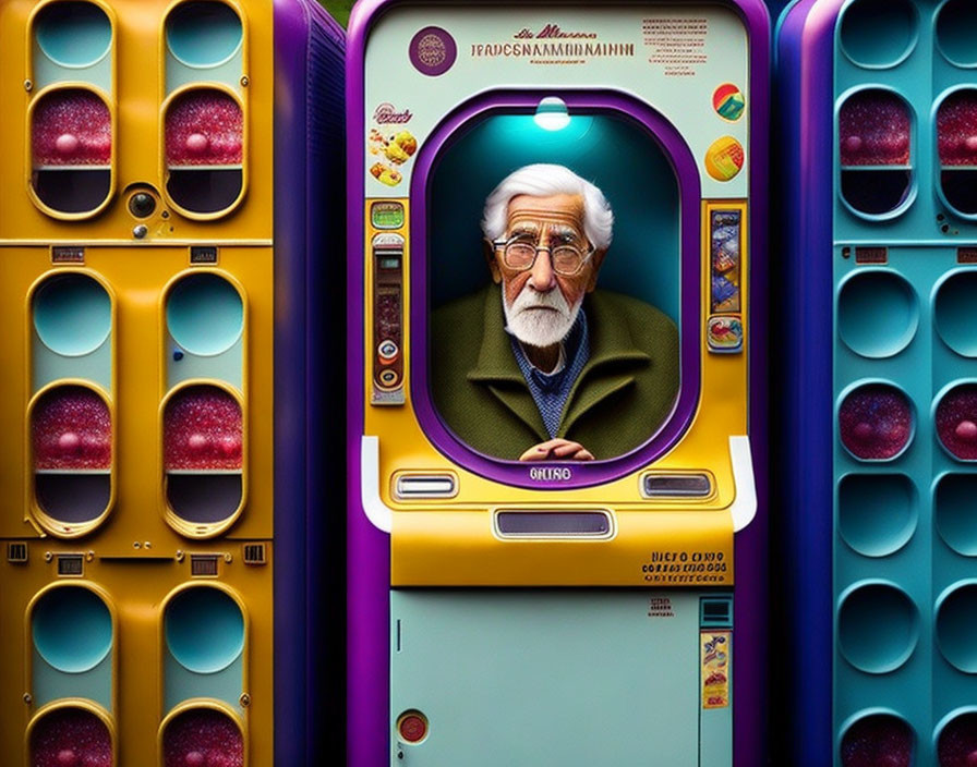 Elderly Man on Colorful Retro Screen with Cyrillic Text