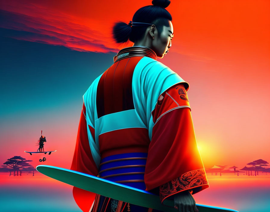 Colorful digital artwork: samurai with topknot, sword, vibrant robe, sunset, fish