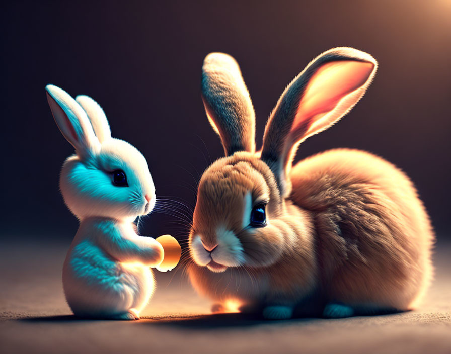 Two rabbits illuminated by warm light on dark background