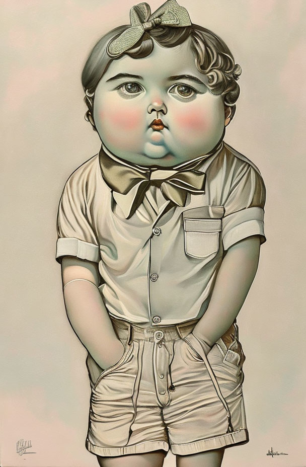 Vintage-style illustration of a doe-eyed child in bow tie and shorts