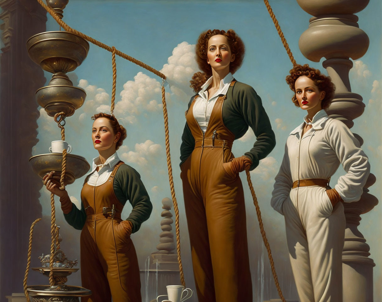 Vintage attired women in front of large scale with cloudy background.