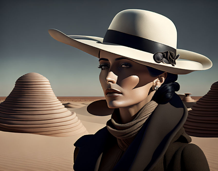 Stylish woman in wide-brimmed hat and scarf in desert setting