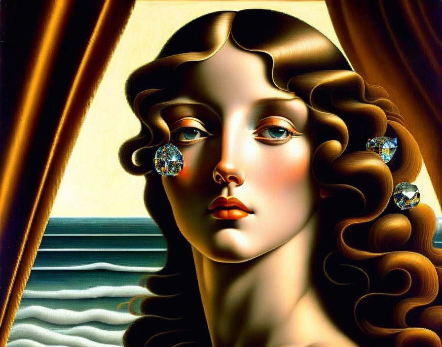 Woman with wavy brown hair and diamond earrings against ocean backdrop in classic, surreal style