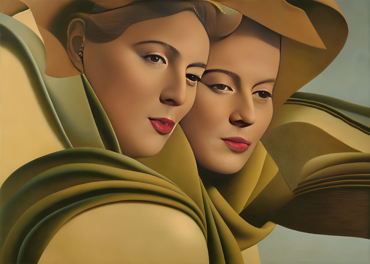 Two Women in Matching Yellow Hats and Olive Garments Gaze Thoughtfully