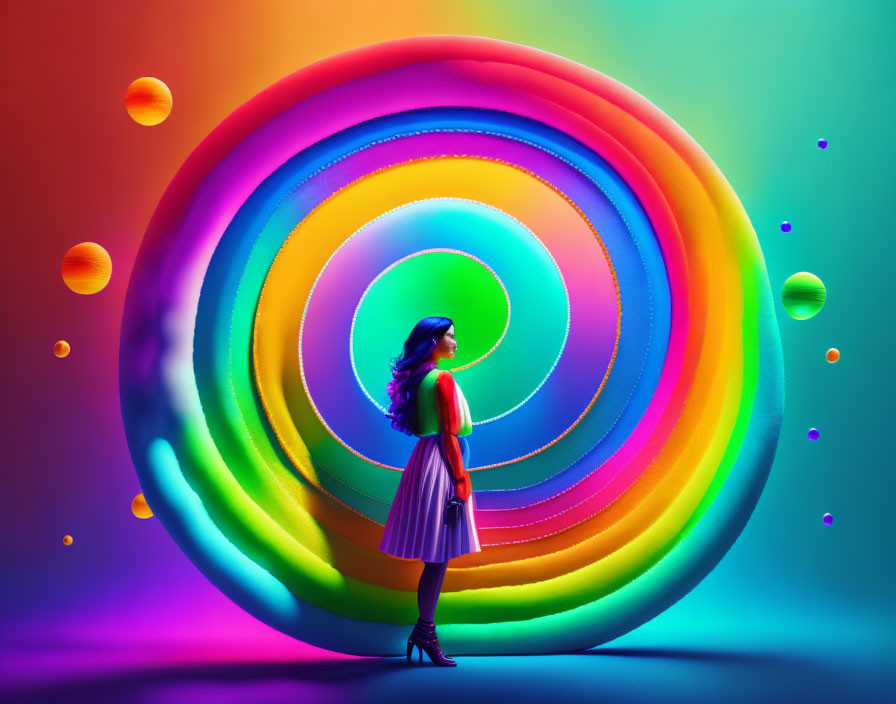 Woman in front of vibrant multicolored spiral with neon lights