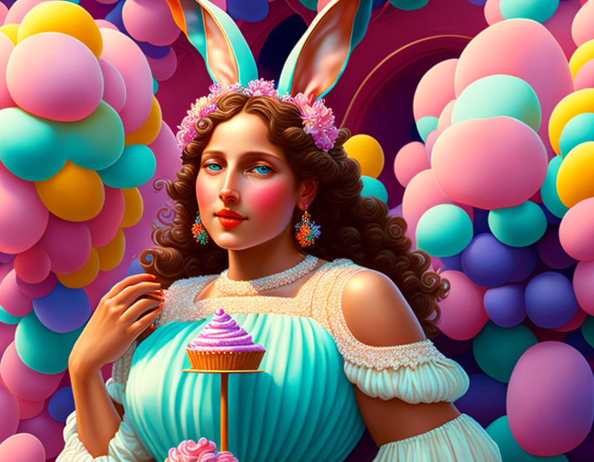 Woman with Bunny Ears and Cupcake Among Colorful Balloons