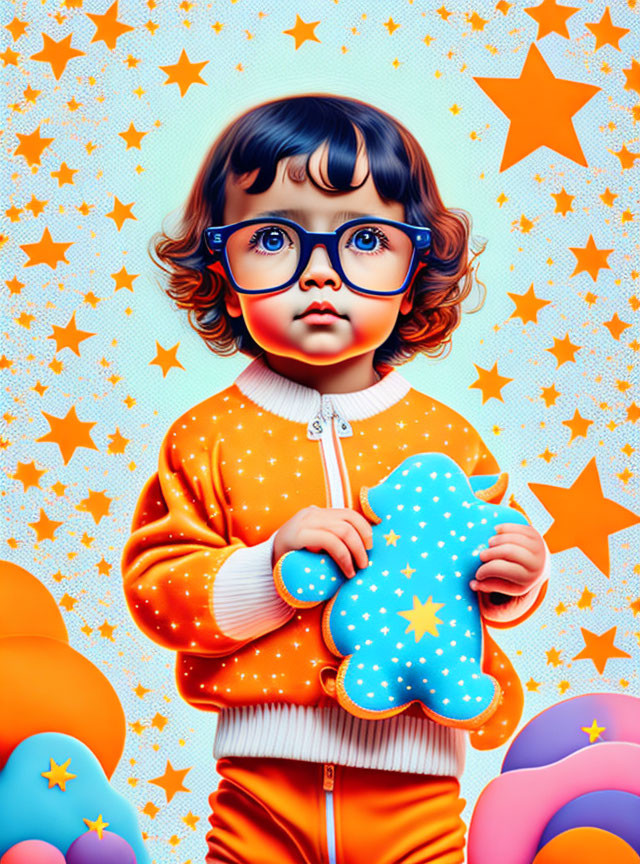 Child with large glasses holding star-patterned toy in front of starry background.