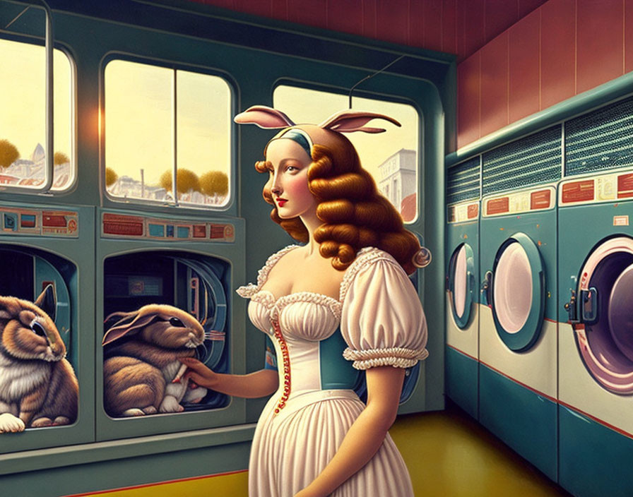 Stylized retro dress woman with rabbits in laundromat illustration