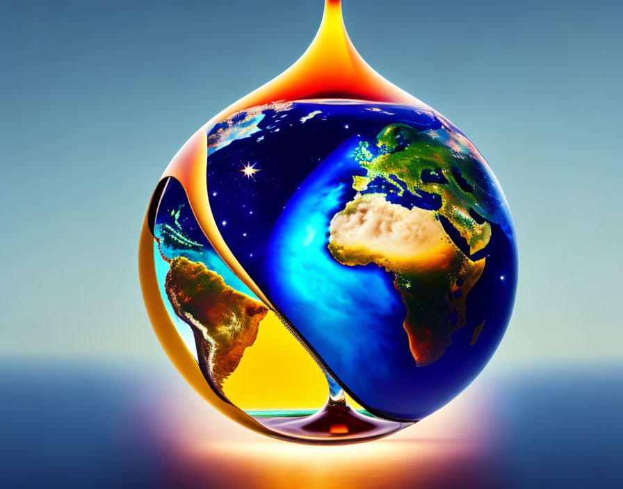 Earth transformed into droplet shape with Africa and Europe features on blue background