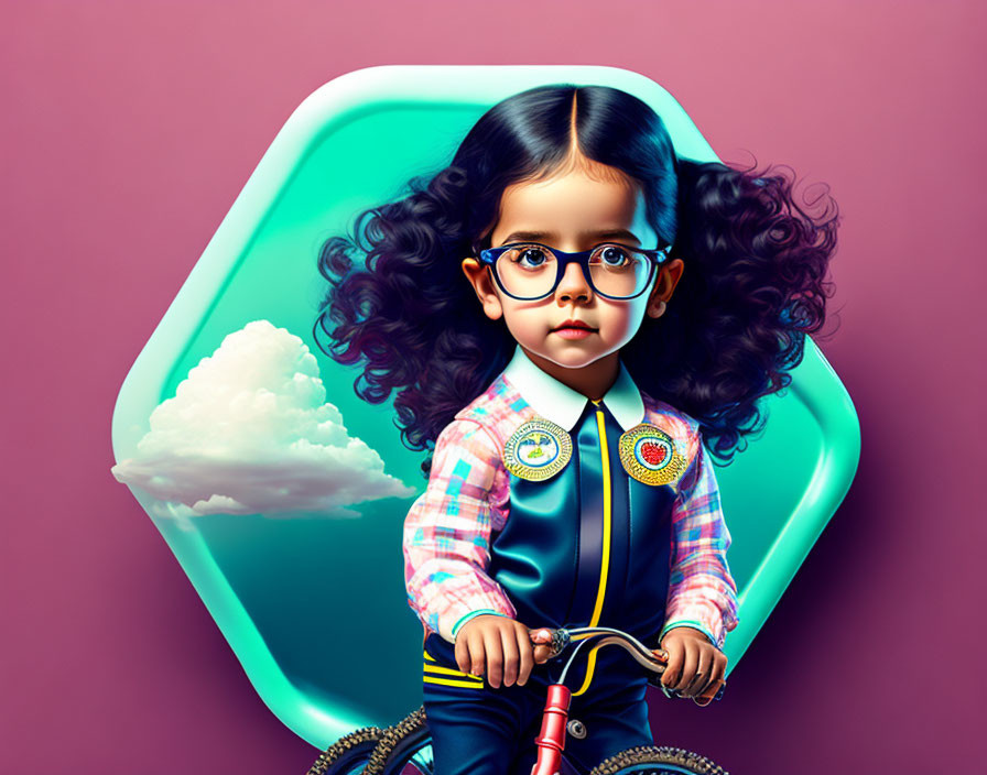 Child with Curly Hair and Glasses Riding Small Bike in Surreal Setting