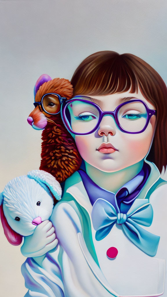 Young girl with large glasses holding plush lamb and giraffe on shoulder