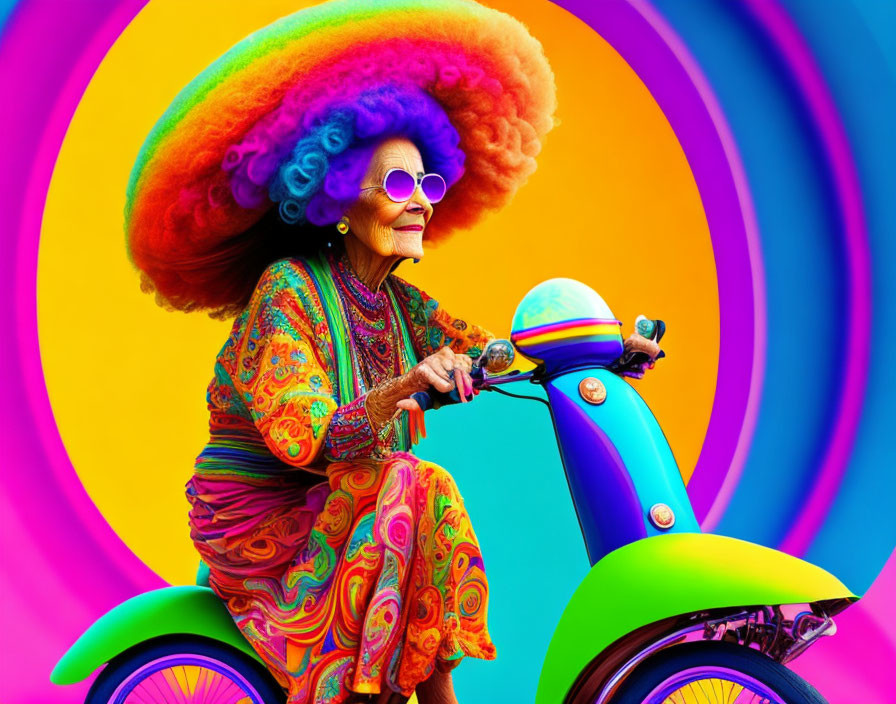 Colorful elderly woman on scooter in vibrant swirl background