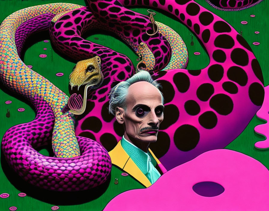 Surreal illustration: man in suit, giant snake, vibrant colors