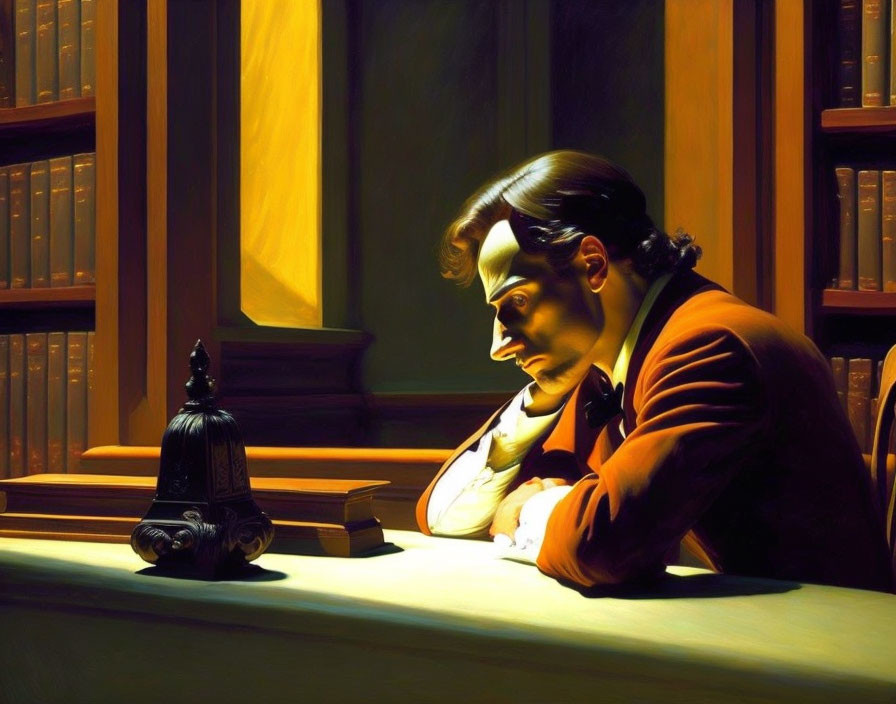 Illustration of pensive man in red jacket at desk with bell and books