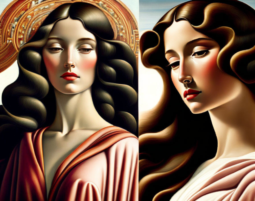 Stylized portraits of women with dark hair and red lips against ornate backgrounds