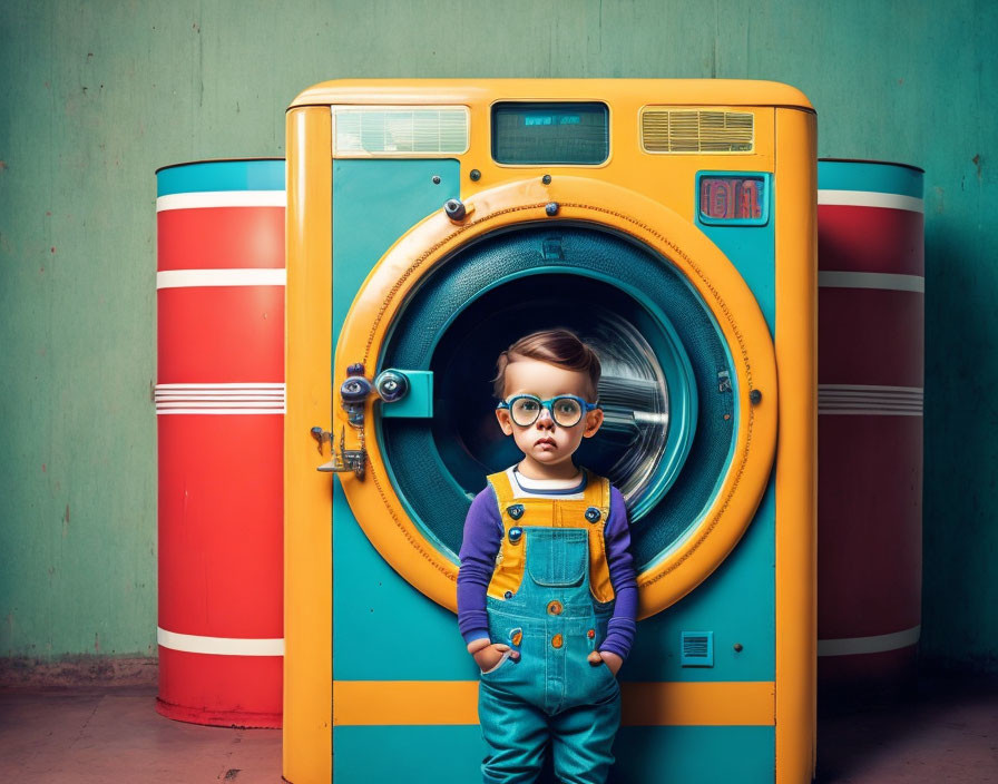 Young Child in Large Glasses with Colorful Vintage Washing Machine