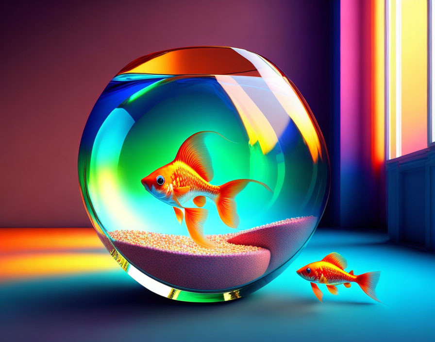 Colorful Goldfish Swimming in Spherical Bowl with Lighting and Reflection