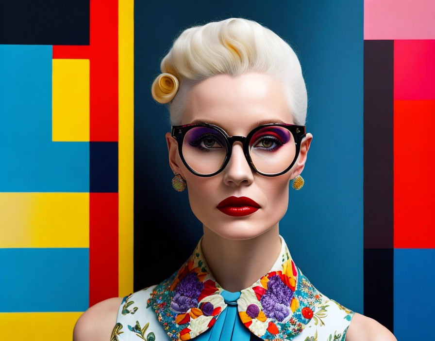 Retro hairstyle, bold makeup, cat-eye glasses on woman against vibrant geometric backdrop