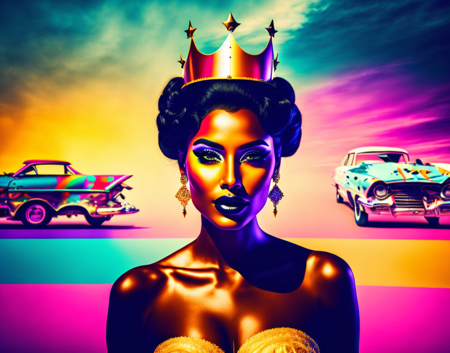 Colorful artwork: stylized woman with crown, classic cars, psychedelic backdrop