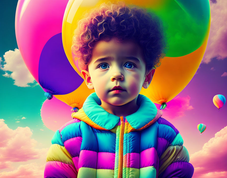 Curly-haired child in colorful puffer jacket with vivid balloons under dramatic sky